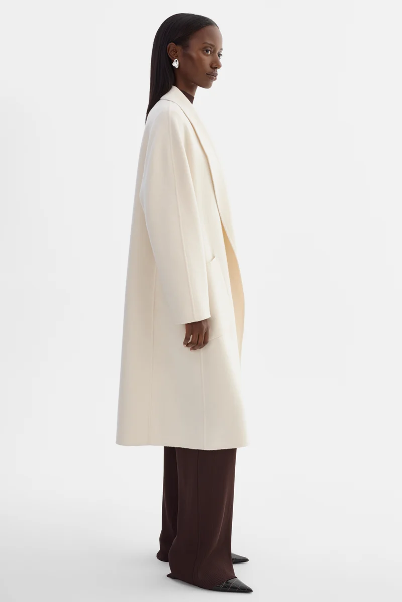 Manteau long en laine double face à col châle Thara