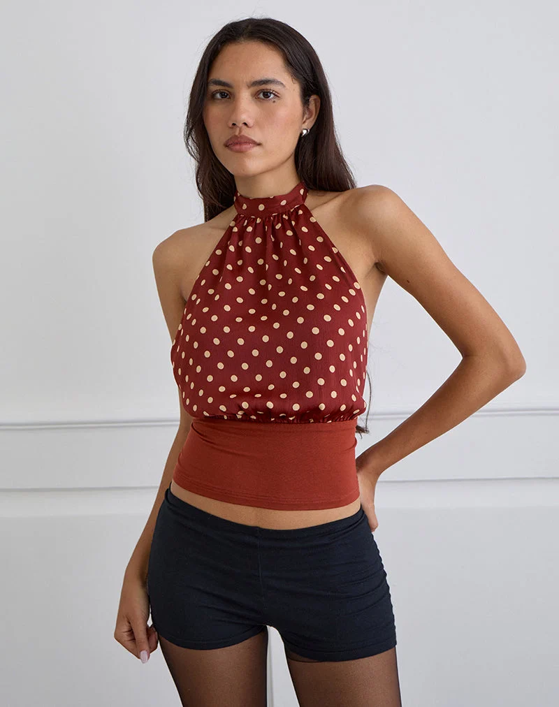 Rania Backless Top in Polka Burnt Red (Top dos nu)