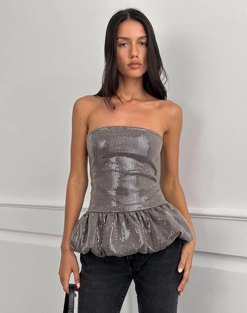 Seada Peplum Top in Sequin Check Brown