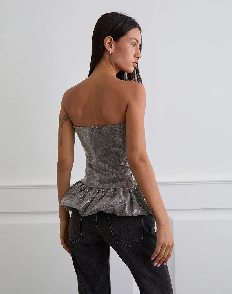 Seada Peplum Top in Sequin Check Brown