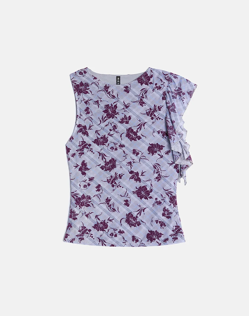 Soyan Asymmetric Top in Lotus Flock Check Lavender (Top asymétrique en flocon de lotus à carreaux)