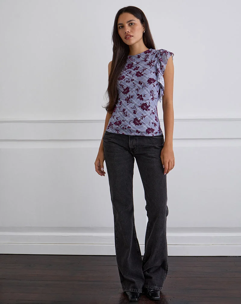 Soyan Asymmetric Top in Lotus Flock Check Lavender (Top asymétrique en flocon de lotus à carreaux)