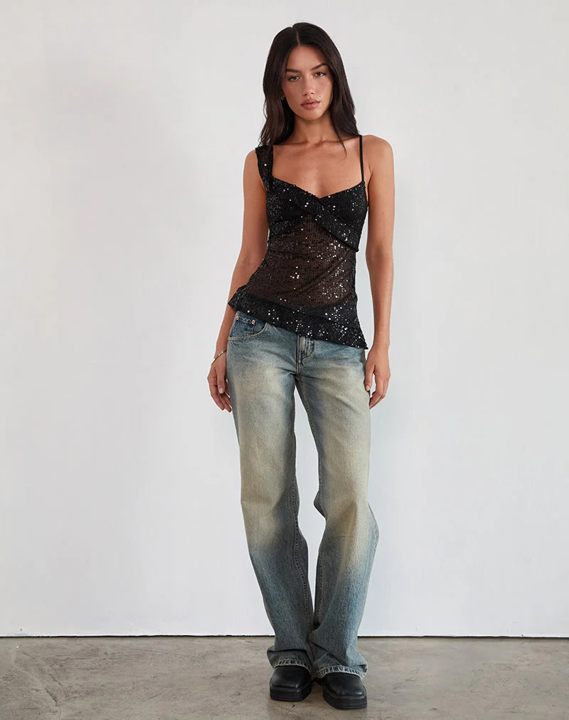 Iranila Asymmetric Top in Gauzy Sequin Black (Top asymétrique en paillettes vaporeuses)