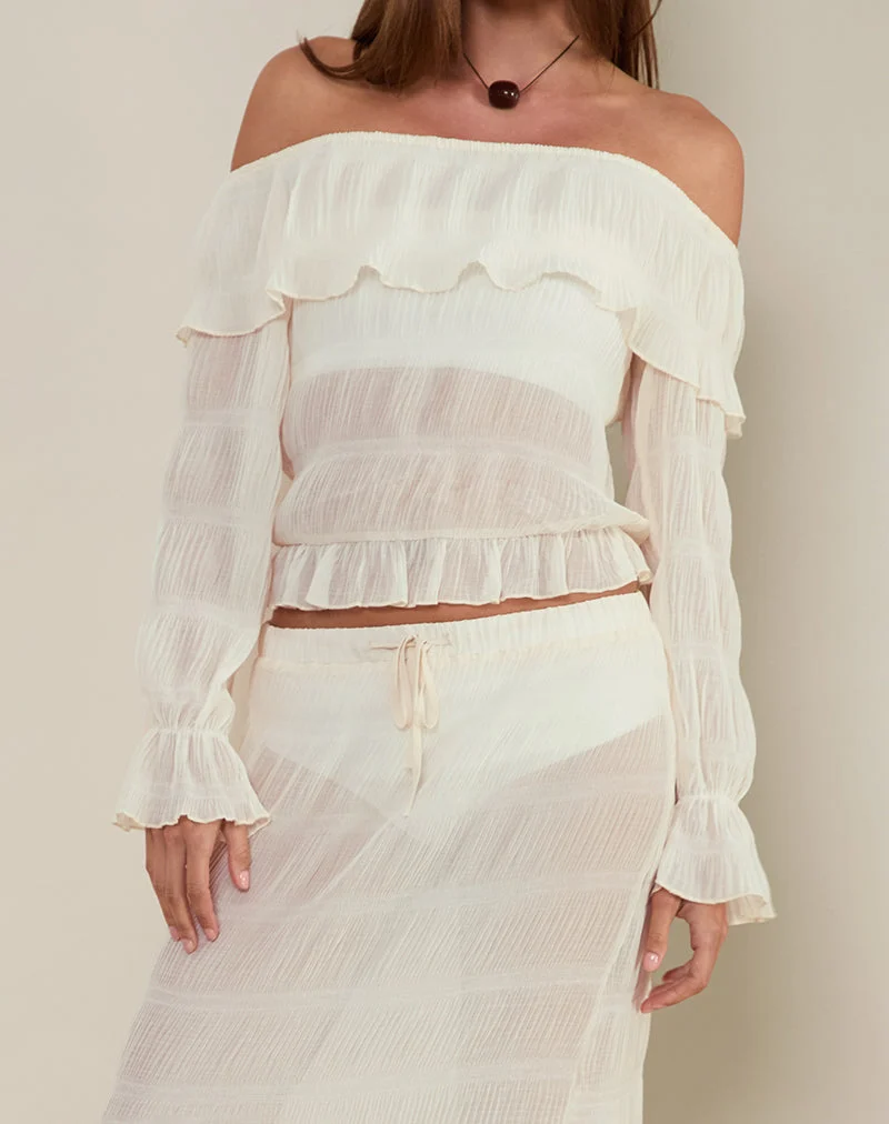 Kalena Long Sleeve Bardot Top in Chiffon Plisse Ivory