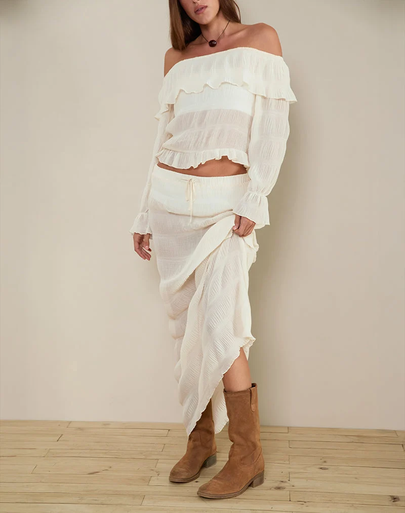 Kalena Long Sleeve Bardot Top in Chiffon Plisse Ivory