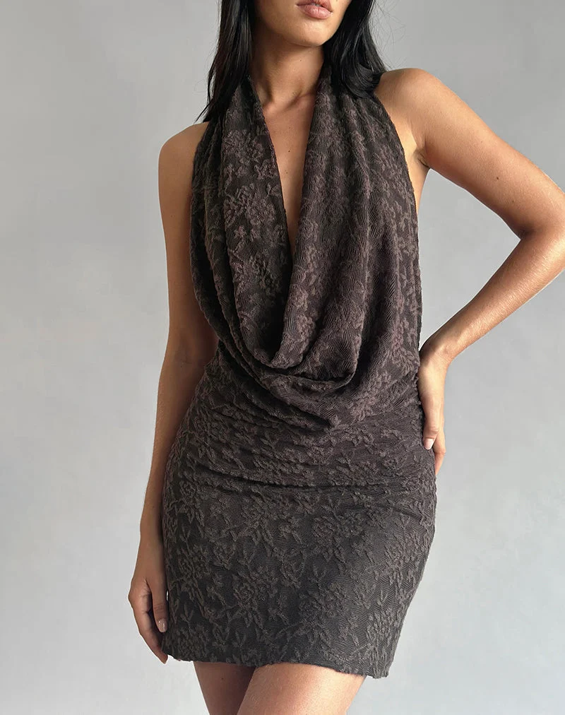 Zari - Mini robe à col bénitier en maille jacquard - Marron