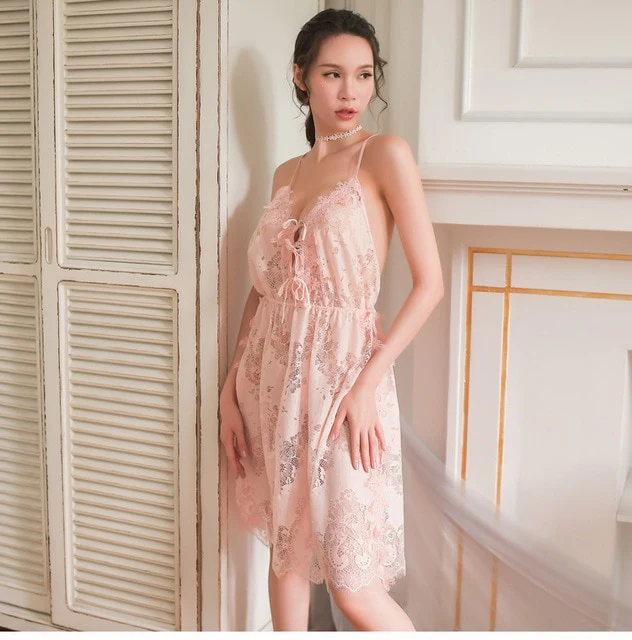 Sexy Lingerie Nightgowns Autumn Suspender V-neck Long Nightdress Ladies Sleepwear Sling Lace Sheer Cross Back Night Sleep Dress