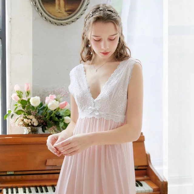 Roseheart Women Female Cotton Pink Blue White Sexy Sleepwear Night Dress Lace Homewear Nightwear Long Nightgown Luxury Gown