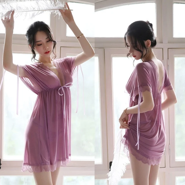 Loose Evening Wear Sexy Night Gowns with Thong Women Sleepwear Backless Mesh Lace Fabric Wedding Use Young Girl New