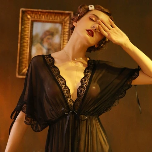Loose Evening Wear Sexy Night Gowns with Thong Women Sleepwear Backless Mesh Lace Fabric Wedding Use Young Girl New