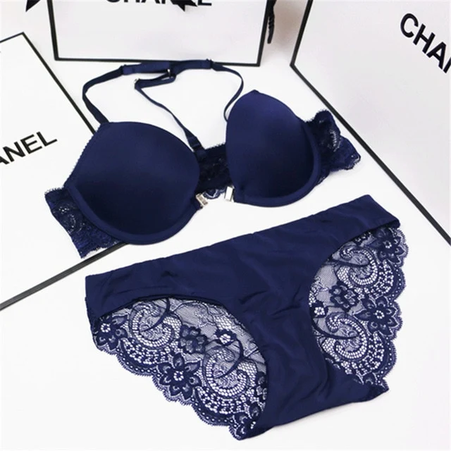 Women's Underwear Set Y-line Straps Sexy Victoria Lingerie Plus Size Front Closure Panty Set Embroidery White Lace Push Up Bra