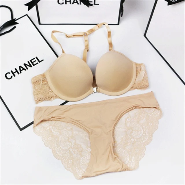 Women's Underwear Set Y-line Straps Sexy Victoria Lingerie Plus Size Front Closure Panty Set Embroidery White Lace Push Up Bra