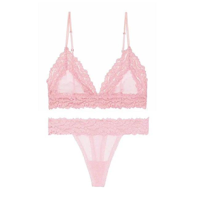 New Lace Mesh Bra Set Femme Sex Lingerie Set Transparent Dot Bralet Women Push Up Brassiere T Back Panties Sets Backless V Neck