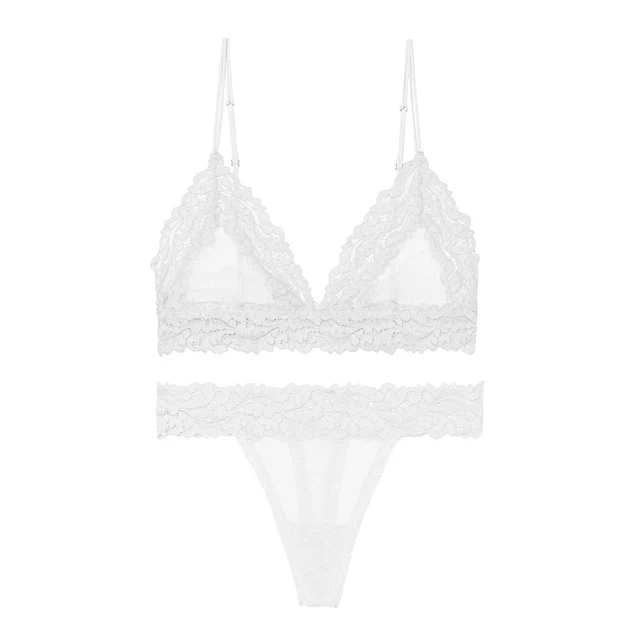 New Lace Mesh Bra Set Femme Sex Lingerie Set Transparent Dot Bralet Women Push Up Brassiere T Back Panties Sets Backless V Neck