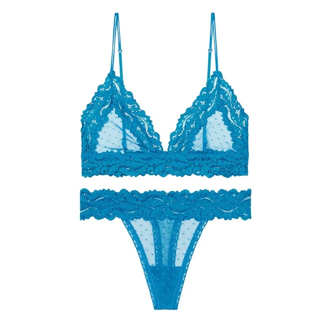 New Lace Mesh Bra Set Femme Sex Lingerie Set Transparent Dot Bralet Women Push Up Brassiere T Back Panties Sets Backless V Neck