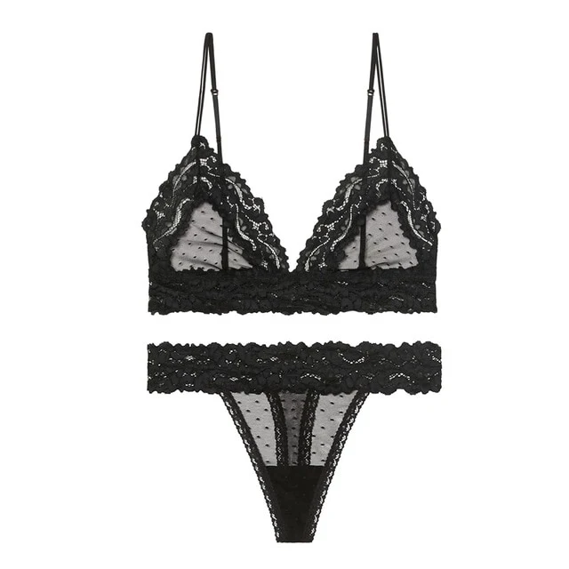 New Lace Mesh Bra Set Femme Sex Lingerie Set Transparent Dot Bralet Women Push Up Brassiere T Back Panties Sets Backless V Neck