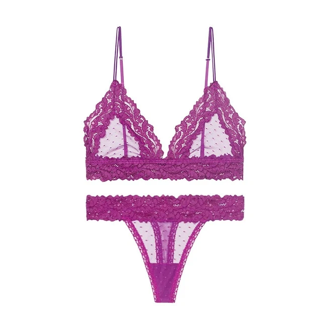 New Lace Mesh Bra Set Femme Sex Lingerie Set Transparent Dot Bralet Women Push Up Brassiere T Back Panties Sets Backless V Neck