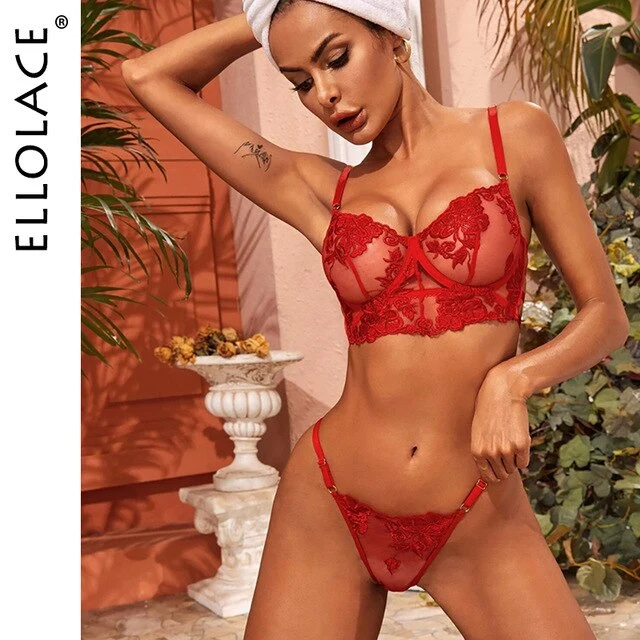 Ellolace Lace Lingerie Sexy Underwear Set Women Transparent Bra Set Red Underwire Set See Through Embroidery Women's Underwear