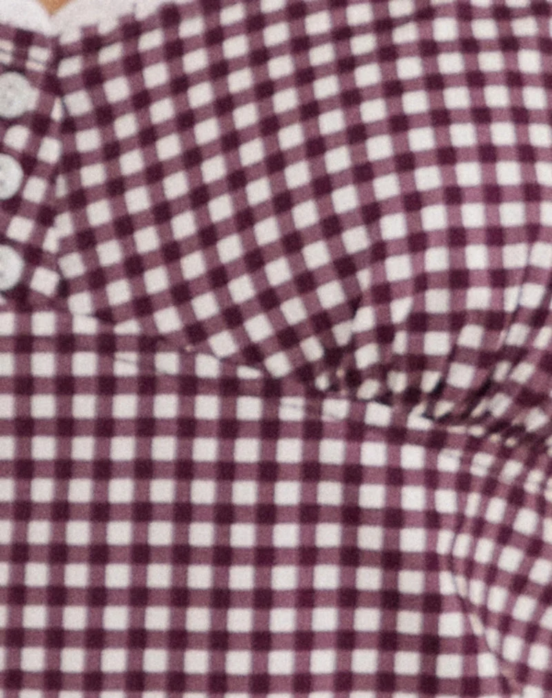 Delphine Mini Cami Dress in Mini Gingham Wine with White Lace