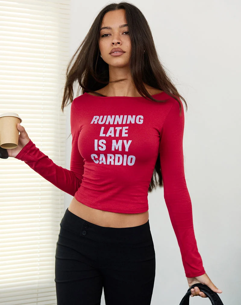 Amabon Long Sleeve Top in Adrenaline Red with Running Late Slogan (Top à manches longues en rouge adrénaline avec slogan Running Late)
