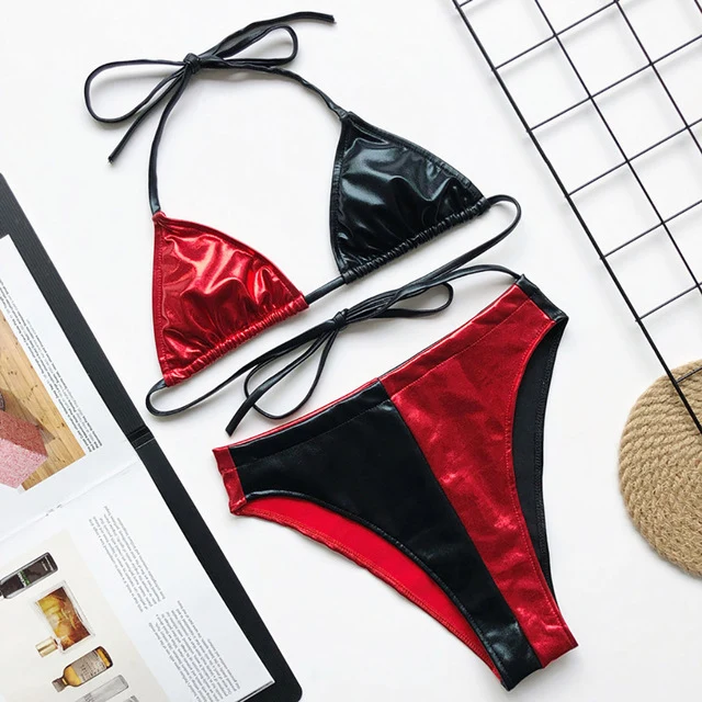 Bright leather Swimsuit Women's Bikini Set Red Black Pactchwork Two Piece Filled Bra Halter Swimwear Beachwear Bikini MujerF1130