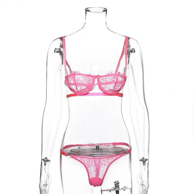 AIUJXK New Lace Mesh Sexy Lingerie Women Underwire Push Up Half Cup Transparent Bra And Panty Set Pink Club 2 Piece Suit Female