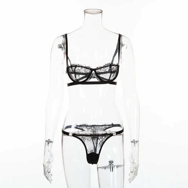AIUJXK New Lace Mesh Sexy Lingerie Women Underwire Push Up Half Cup Transparent Bra And Panty Set Pink Club 2 Piece Suit Female