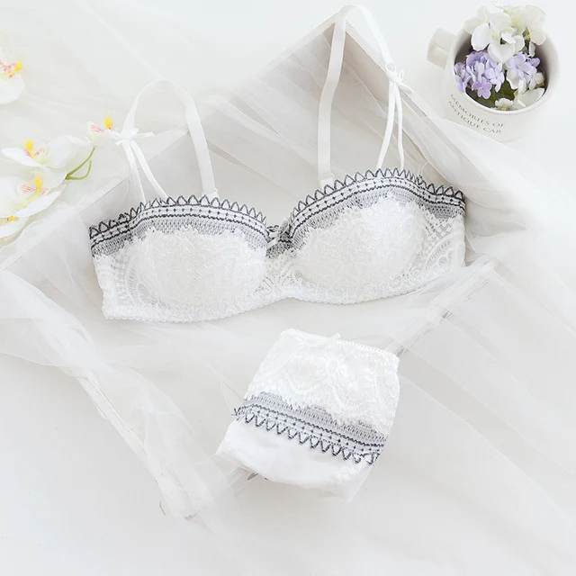 New 2019 sexy women lace lingerie,ultra thin breathable half cup bra brief sets, two-row lace bra,bra panty set AB cup bra set