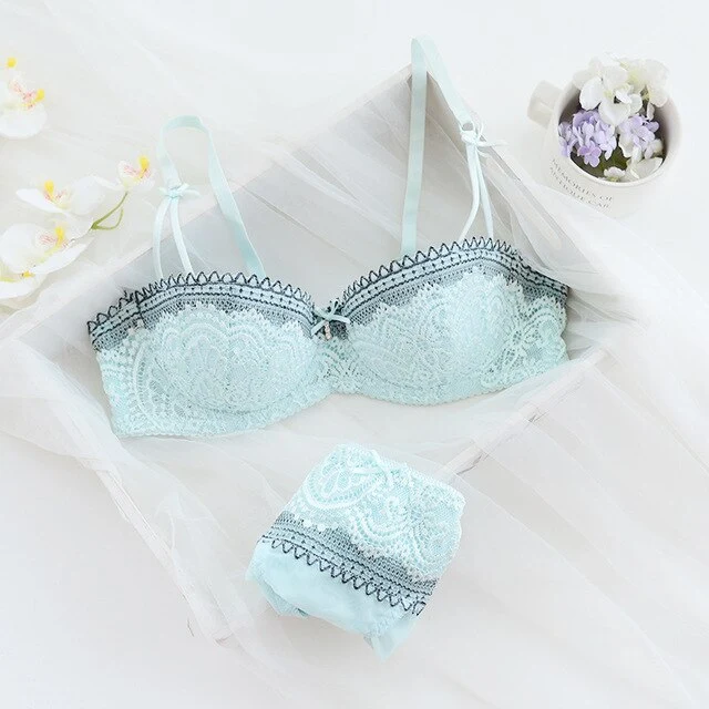 New 2019 sexy women lace lingerie,ultra thin breathable half cup bra brief sets, two-row lace bra,bra panty set AB cup bra set