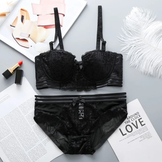 Sexy Women Lace Flora Bras Briefs Sets Push Up Half Cup Underwear Bras Bow Twist Seamless Panties Suits Breathable Intimates Set