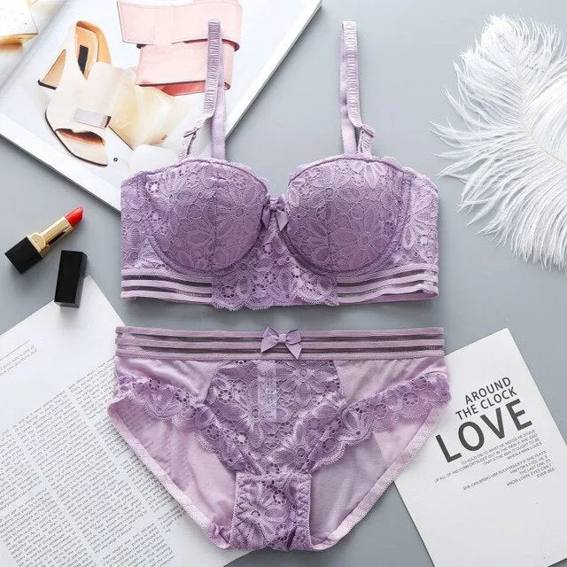 Sexy Women Lace Flora Bras Briefs Sets Push Up Half Cup Underwear Bras Bow Twist Seamless Panties Suits Breathable Intimates Set