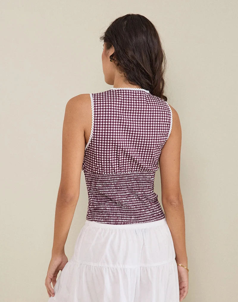 Hevalis Plunge Top in Mini Gingham Wine