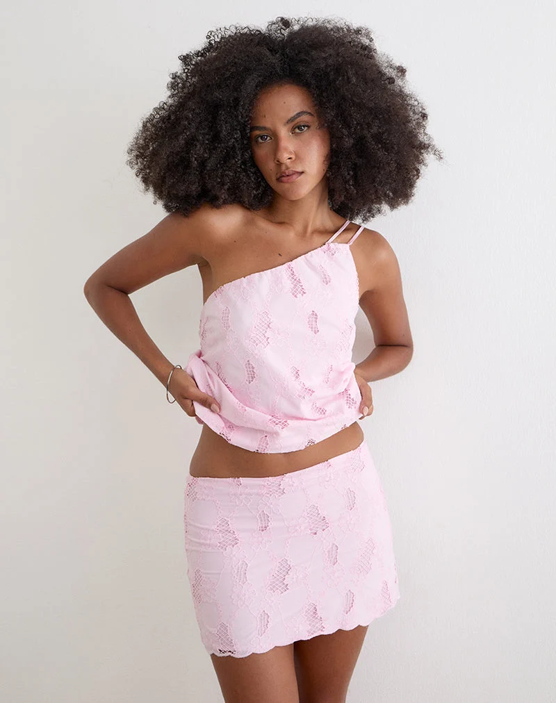 Mini-jupe Aguna en broderie rose pâle