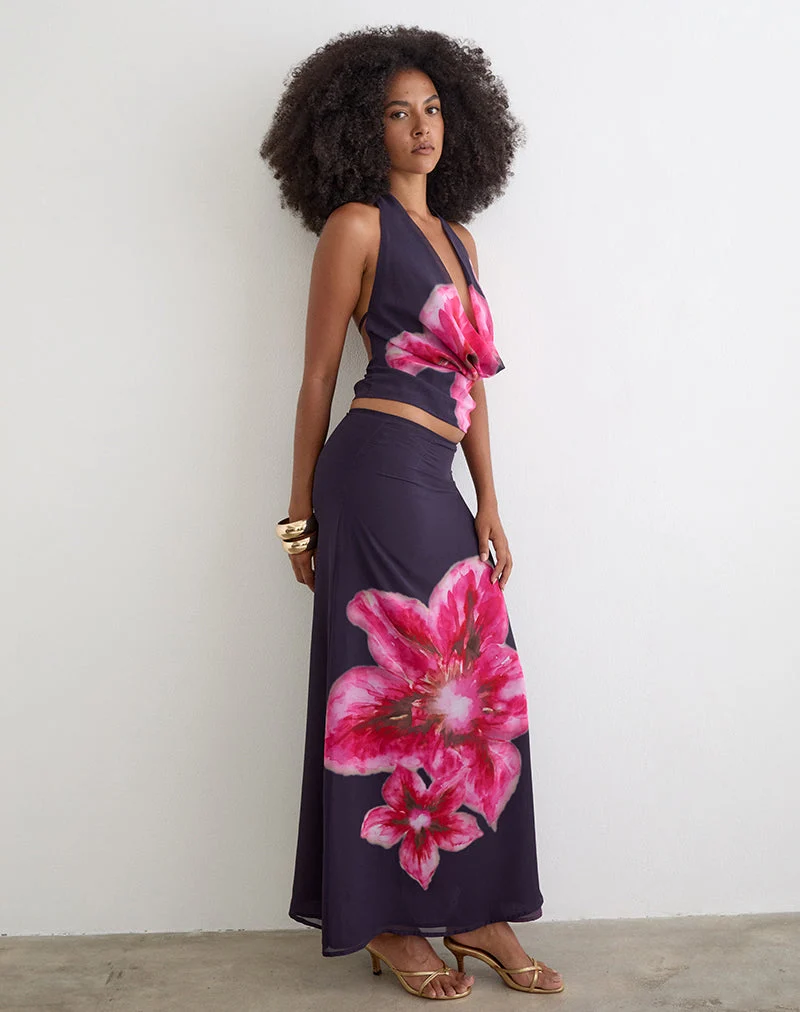 Jupe longue Lurina en mousseline violette avec motif « Desert Flower »