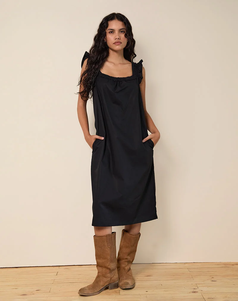 Merrily Smock Midi Dress in Poplin Black