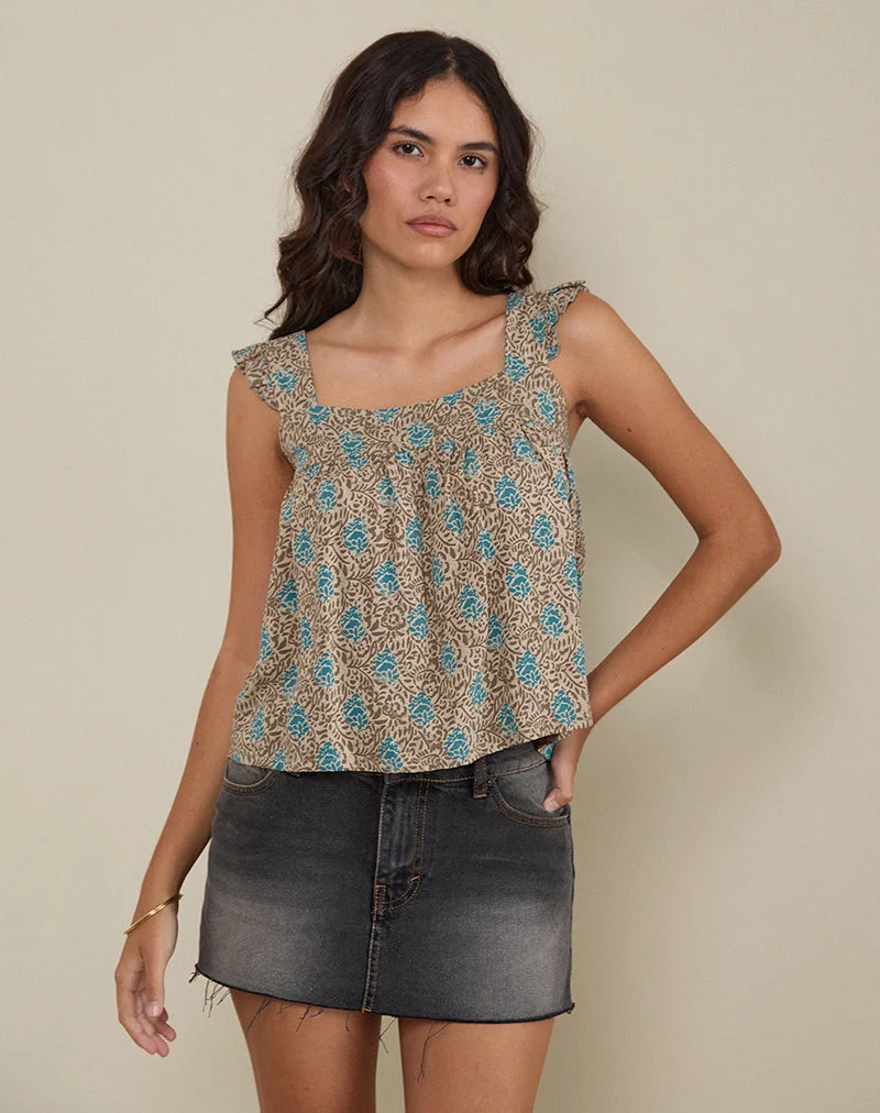 Top Sanula en batik bohémien floral bleu et marron