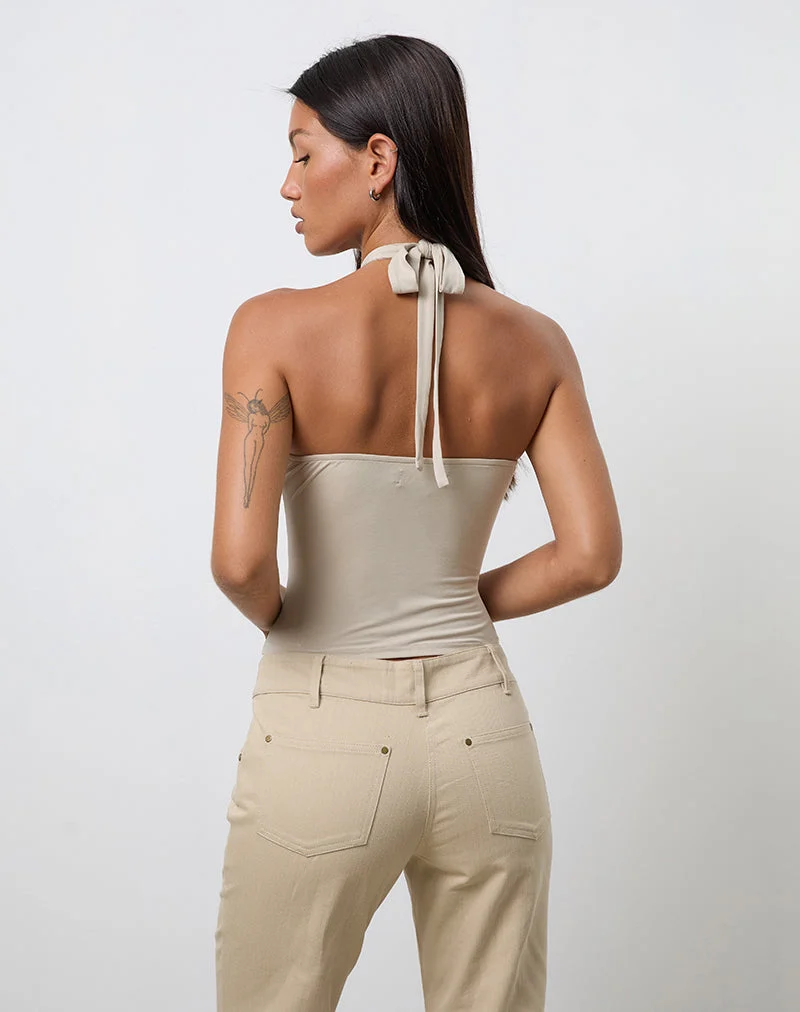 Lorie Halterneck Top in Cupro Oatmilk with Metal Ring (Top dos nu en cupro lait d'avoine avec anneau en métal)