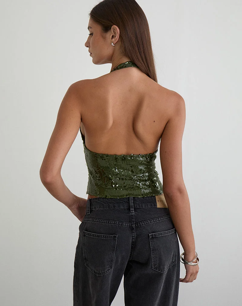 Haut dos nu Cosio en sequins mélangés kaki