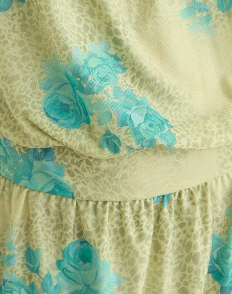 Mini-robe Sunyi « Green Blurred Jungle » avec rose turquoise