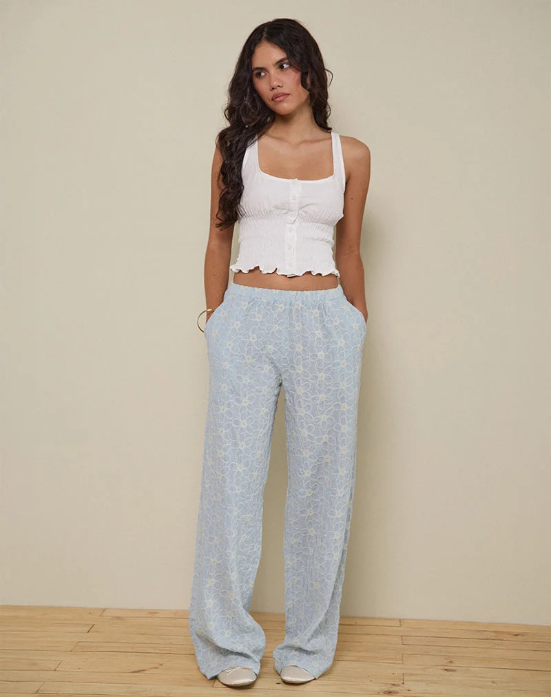 Pantalon Semur, broderie bleu glacier
