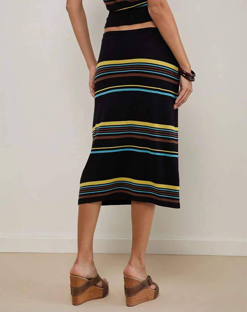 Jupe midi Amalia, noire à rayures marron et bleues