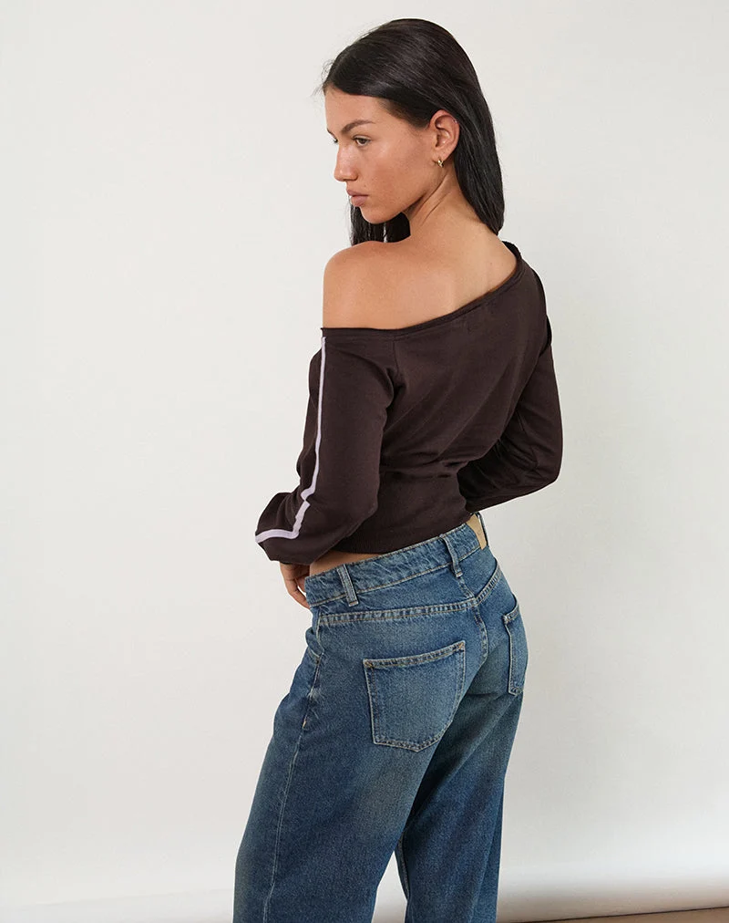Sweatshirt asymétrique Sujana en chocolat amer avec reliure violette