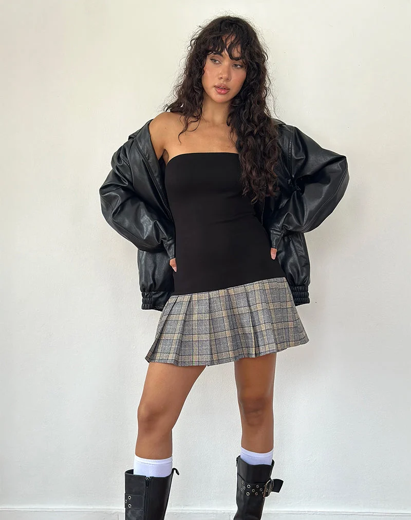 Terdayu Bandeau Pleated Mini Dress in Black Grey Check