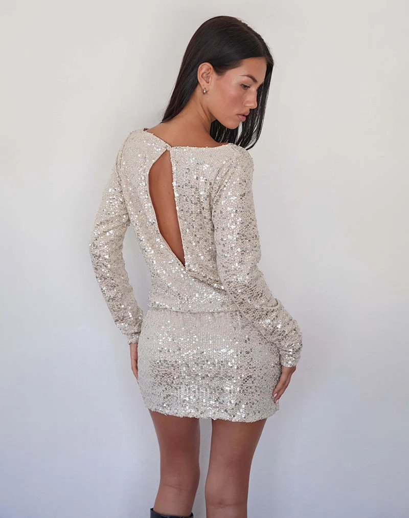 Jasilia - Mini robe à manches longues en paillettes neutres