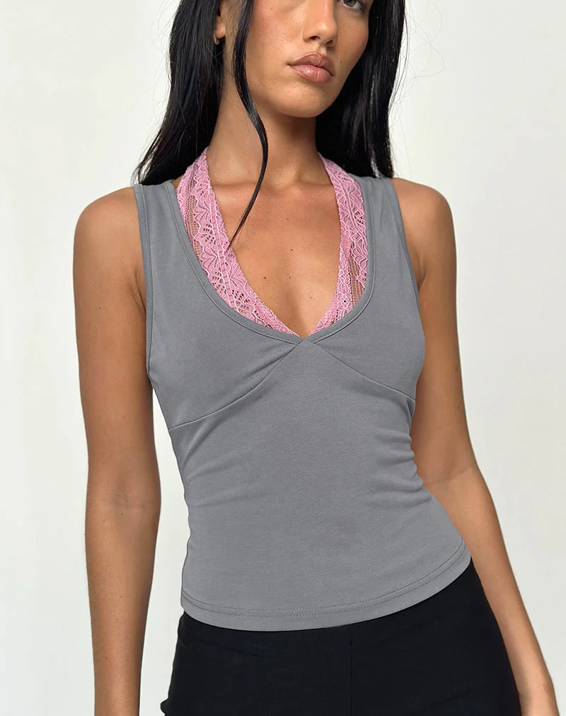 Helma Halterneck Top in Grey with Pink Lace (Top dos nu en gris avec dentelle rose)