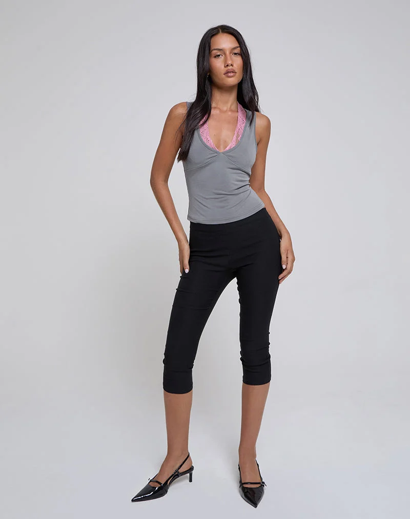Helma Halterneck Top in Grey with Pink Lace (Top dos nu en gris avec dentelle rose)