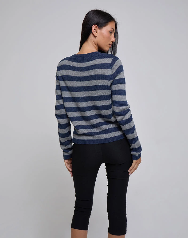 Pull Dikara à col en V, rayures bleues ton sur ton
