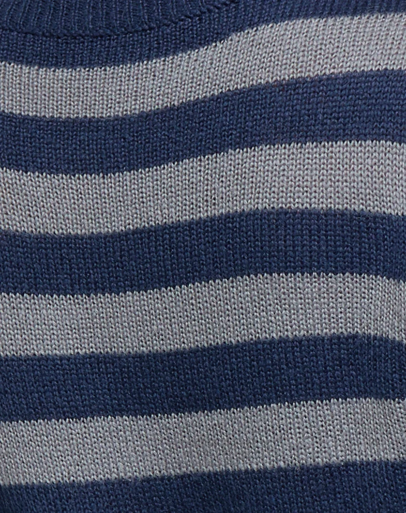Pull Dikara à col en V, rayures bleues ton sur ton