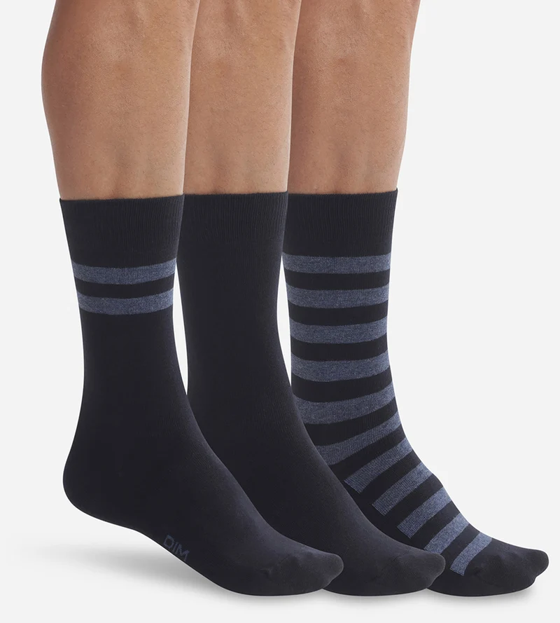 Lot de 3 paires de chaussettes homme Bleu à rayures Dim Coton Style