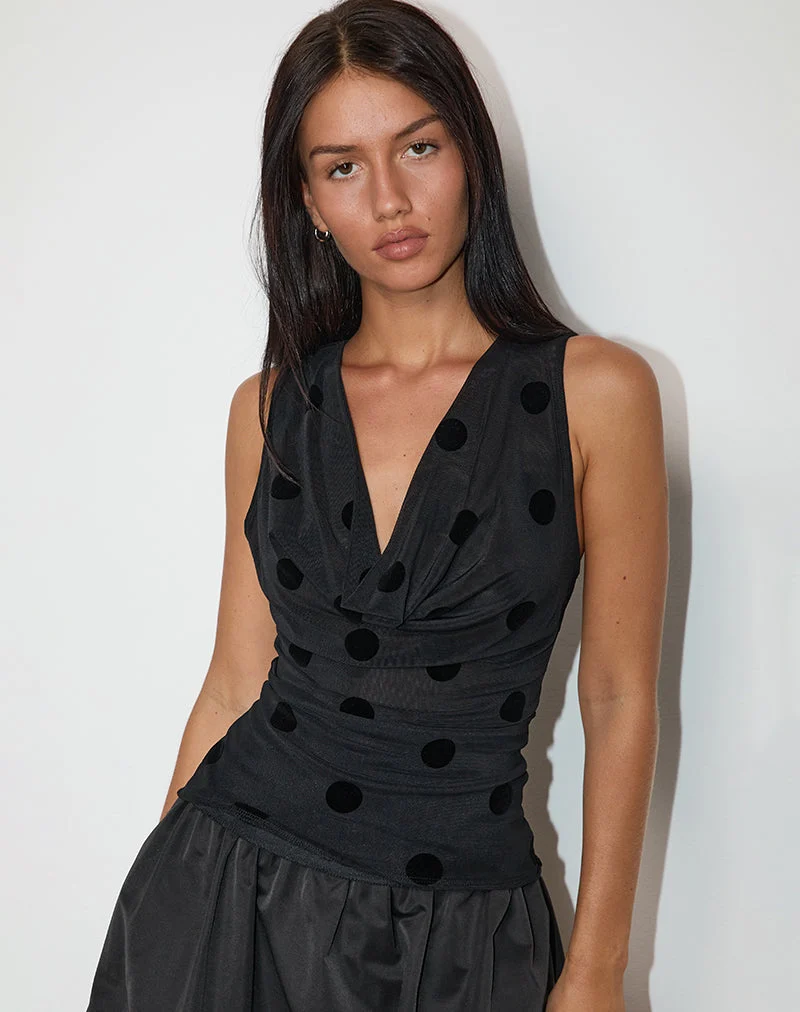 Losa Cowl Neck Top in Big Polka Flock Black (Top à col bénitier)
